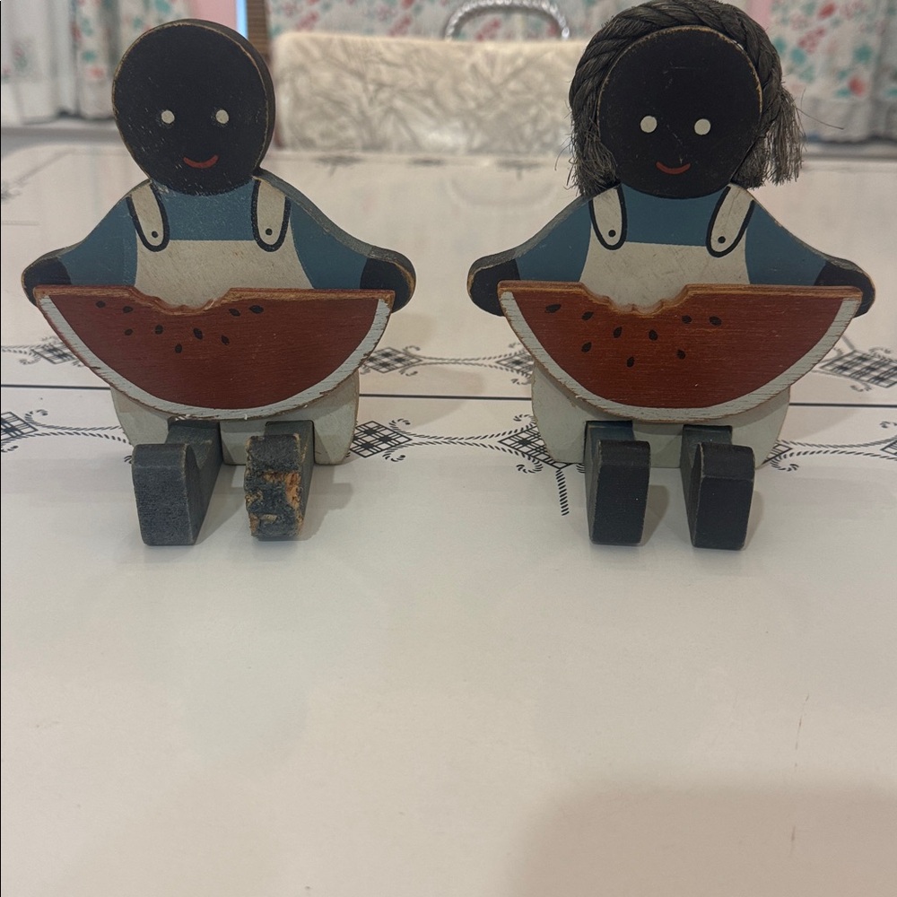 Vintage Black Americana little Boy and girl wooden shelf sitters Collectibles.